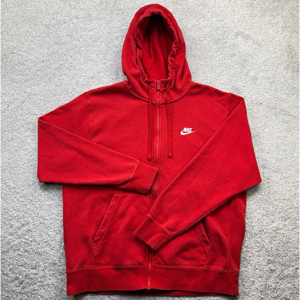 Nike Club Fleece Full Zip Hoodie Mens Large Red Gym Athletic Sweatshirt Swoosh